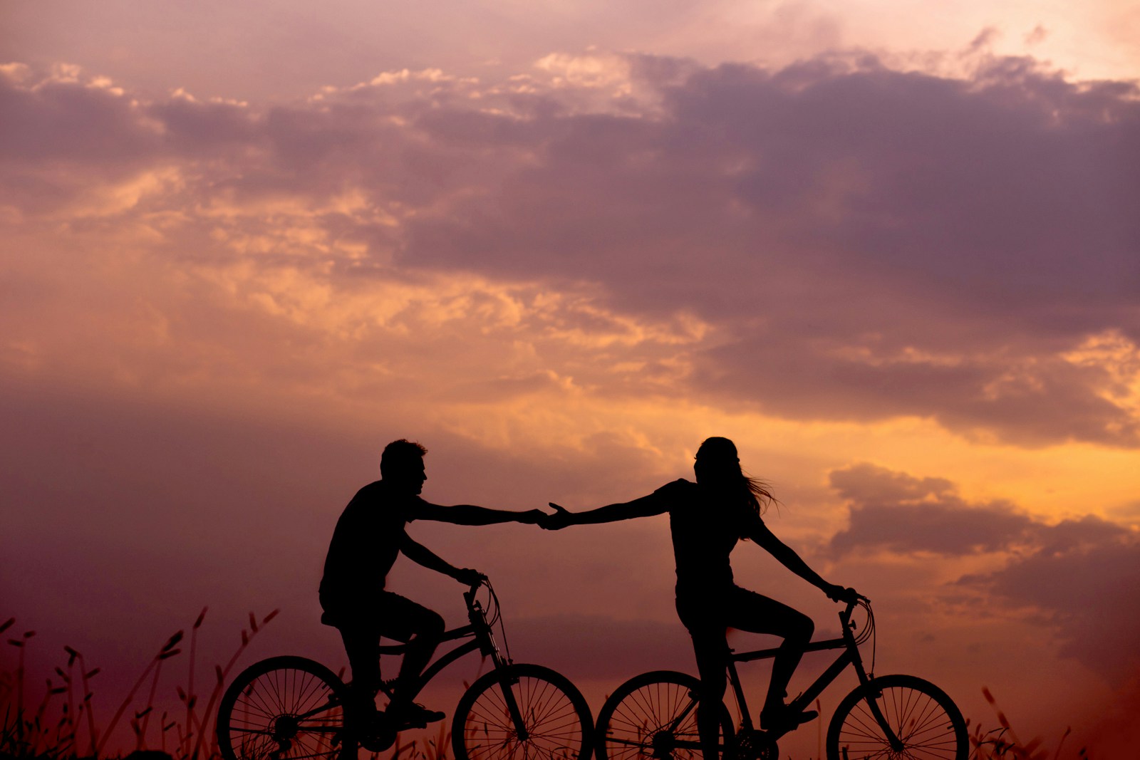 woman on bike reaching for man's hand behind her also on bike reaching for passion